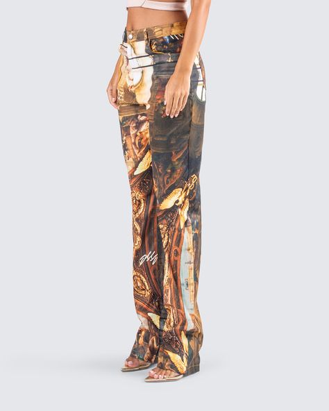 You're 'bout to be admired like the Sistine Chapel in these print pants 💖 You're a work of art, show it to the world 😇 Note: The print is randomly placed so each garment will be uniquely different! Matte Brand Clothing, Roberto Cavalli Pants, Cute 18th Birthday Outfits, Concert Looks Black Women, Spray Paint Pants, Finesse Pants, Designer Birthday Outfits, Plt Pants, Pants With Strings