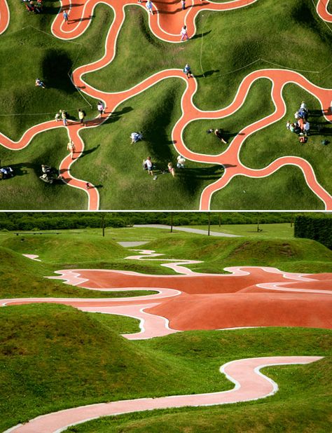 Playground in Munich, Germany  Designed by Rainer Schmidt Landschaftsarchitekten Cool Playgrounds, Commercial Playground Equipment, Landform, Urban Landscape Design, Park Playground, Landscape Elements, Playground Design, Landscape And Urbanism, Frank Gehry