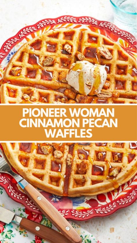 Pioneer Woman Cinnamon Pecan Waffles is made with whole milk, active dry yeast, unsalted butter, vanilla, light brown sugar, kosher salt, all-purpose flour, cinnamon, eggs, and pecans.

This delicious Cinnamon waffle recipe creates a tasty breakfast that takes about 8 hours to prepare (with overnight rest) and can serve up to 4 people. Pioneer Woman Waffles Recipe, Pecan Waffles Recipe, Cinnamon Waffle Recipe, Pioneer Woman Breakfast, Pecan Waffle Recipe, Waffles Cinnamon, Cinnamon Waffles Recipe, Pioneer Kitchen, Pecan Waffles