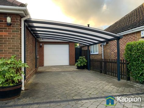 Wall attached Quarter Curve Carport installed in York by Kappion Carports & Canopies Carport Driveway, Carport Ideas, Curved Pergola, White Pergola, Vinyl Pergola, Carport Canopy, Car Port, Carport Garage, Gate Designs