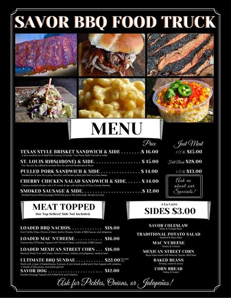 Bbq Food Truck Ideas, Pulled Pork Sandwich Sides, Pork Sandwich Sides, Pork Ideas, Texas Style Brisket, Bbq Food Truck, Food Truck Menu, Smoked Bbq, Sandwich Sides