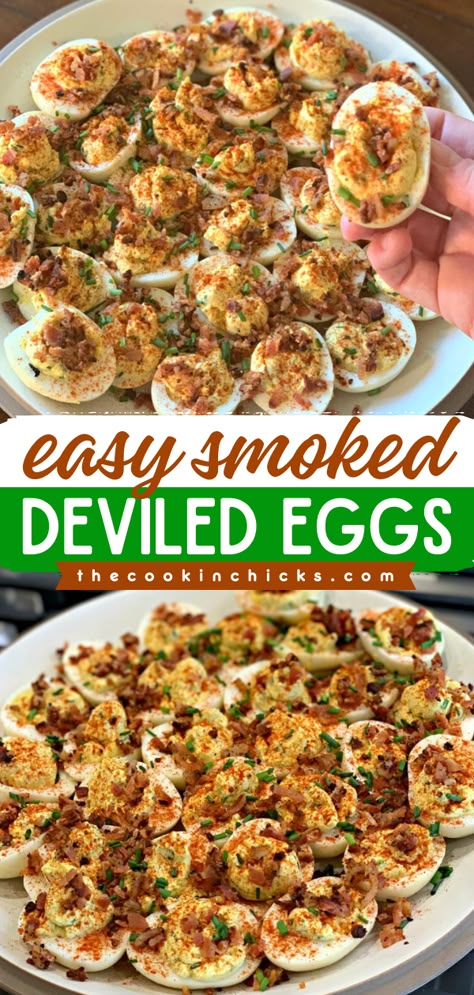 Get your smoker ready for this easy party snack or 4th of July recipe! Your finger food ideas must have the best deviled eggs. Complete with bacon, these Smoked Deviled Eggs are a showstopper! Smoked Deviled Eggs Recipe, Smoked Eggs, Smoked Deviled Eggs, Devilled Eggs Recipe, Devilled Eggs Recipe Best, Smoker Ideas, Devilled Eggs, Pellet Grill Recipes, Traeger Recipes