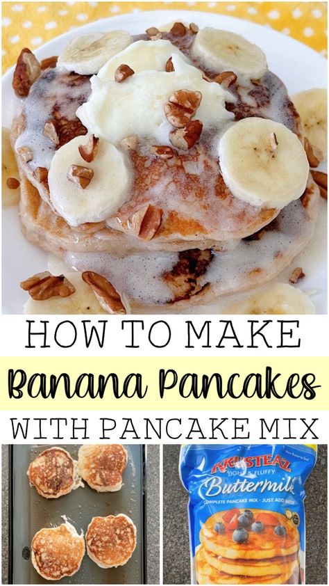 Banana Bread Pancakes Easy, Pancake Mix Banana Pancakes, Pancake Mix With Banana, Banana Nut Pancakes Recipe, Pancake Mix Banana Muffins, Quick Banana Pancakes, Healthy Pancake Mix Recipe, Apple Butter Pancakes, Boxed Pancake Mix Hack