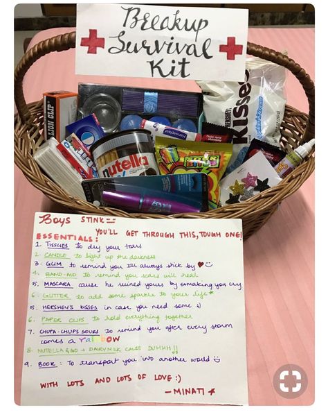 Break Up Basket Gift Survival Kits, Cool Gifts To Make Your Friends, Care Package Ideas For Breakup, Break Up Baskets For Best Friend, Breakup Package Gift, Birthday Survival Kit For Him, Break Up Gifts For Friends Survival Kits, Gifts For You Best Friend, Break Up Presents Friends