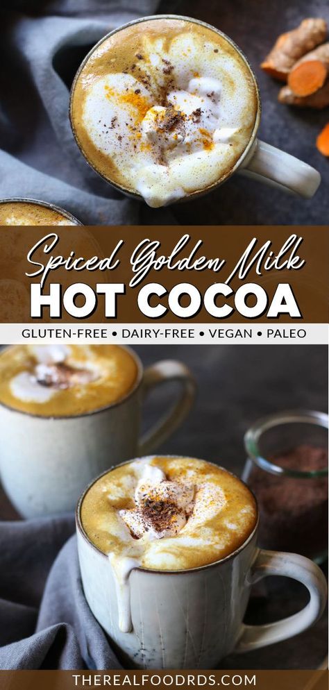 Golden Milk Recipe Turmeric, Cozy Beverages, Spiced Hot Chocolate Recipe, Paleo Hot Chocolate, Golden Milk Recipe, Real Food Dietitians, Paleo Drinks, Hot Cocoa Recipe, Hot Chocolate Recipe