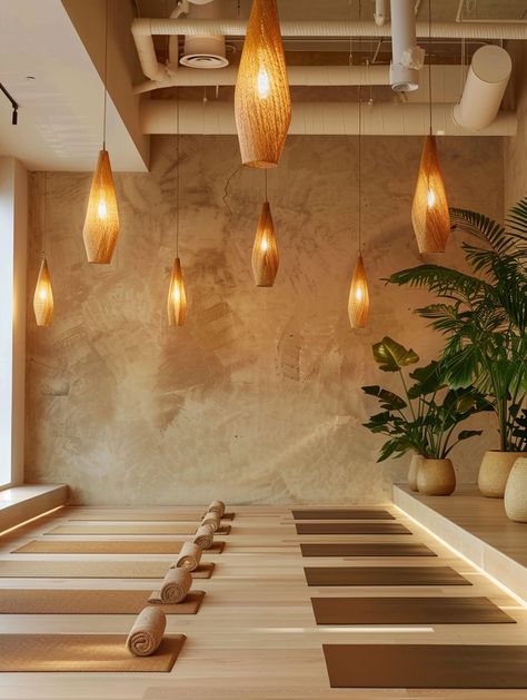 28 Warm and Intimate Yoga Studios – TastyInteriors Zen Spa Aesthetic, Yoga Lounge Room, Tulum Yoga Studio, Chic Yoga Studio, Yoga Cafe Interior Design, Bamboo Yoga Shala, Bohemian Yoga Studio, Yoga Pavilion Design, Earthy Yoga Studio