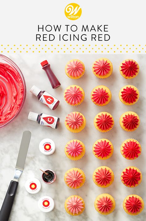 Do you struggle with making bright red buttercream frosting? You’re not alone! Learning how to make red frosting that’s actually red and not pinkish red can be a challenge, but we’re up for the task! We've figured out just how much   food coloring, Color Right base colors or jar icing colors, is needed to achieve your desired shade of red! #wiltoncakes #blog #blogpost #blogger #buttercreamfrosting #howto #redicing #redbuttercream #icingcolors #homemade #guide #beginner #cakedecorating How To Make Red Buttercream, How To Color Icing, How To Get Red Buttercream Icing, How To Make Dark Red Frosting, How To Make Red Food Coloring, How To Make Red Buttercream Frosting, How To Color Buttercream Frosting, How To Make Red Frosting, Red And White Cupcakes Ideas