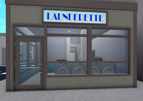 Ice Decal Bloxburg, Bike Rack Bloxburg, Bloxburg Store Exterior, Laundromat Exterior, Bloxburg City Stores, Bloxburg Laundromat Ideas, Bloxburg Laundromat Exterior, Laundry Mat Bloxburg, Apartment Complex Bloxburg