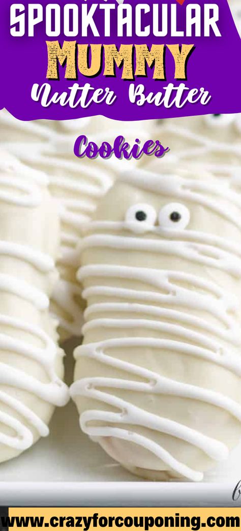 Nutter Butter Mummies - decorate Nutter Butter cookies to look like mummies with three simple ingredients. Make these mummy cookies out of Nutter Butter cookies, Melted white chocolate, and googly eyes. Mummy Nutter Butter Cookies, Cookies White Chocolate, Butter Sandwich Cookies, Mummy Cookies, Peanut Butter Sandwich Cookies, Milano Cookies, Cute Halloween Treats, Butter Sandwich, Nutter Butter Cookies