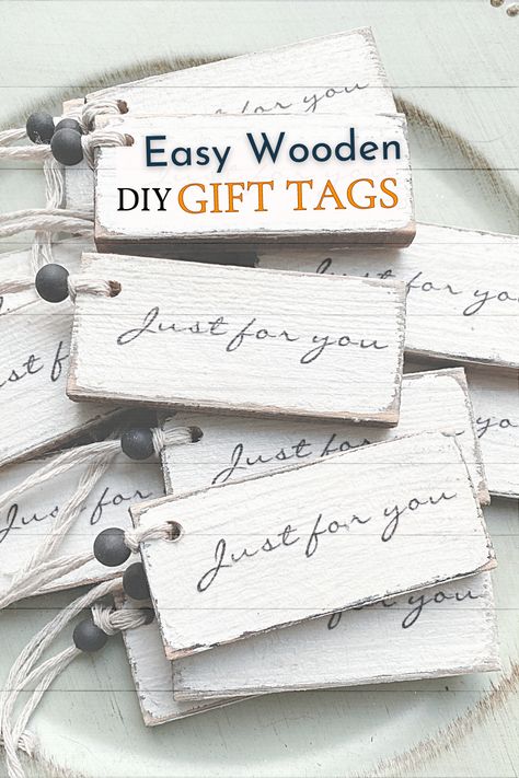 Rustic wooden gift tags that say Just for you with a white string and black bead Basket Tags Diy, Diy Christmas Gift Tags Wood, Wood Gift Tag Ideas, Wood Christmas Tags Diy Ornaments, Cardboard Tags Ideas, Diy Wooden Gift Tags, Diy Wooden Tags, Wooden Tag Ornaments Diy, Christmas Wood Tags Diy