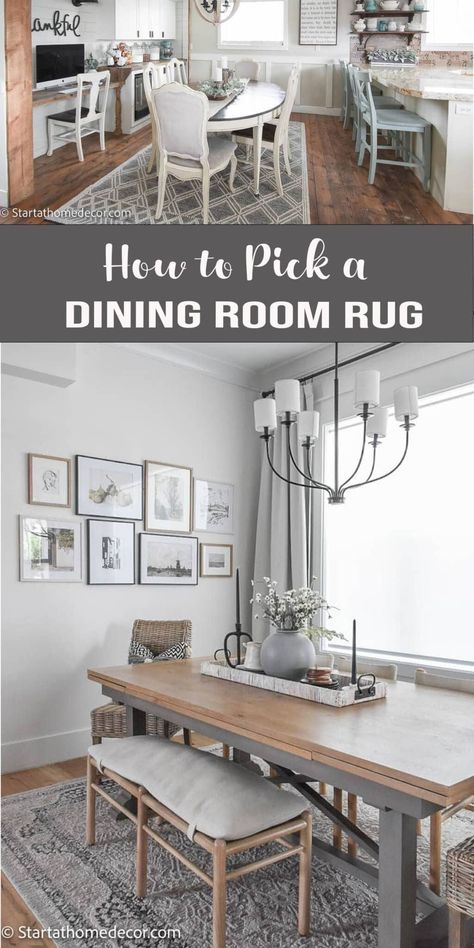 Farmhouse Dining Room Area Rug, Dining Room Table With Rug Underneath, Modern Farmhouse Rugs Dining Room, Modern Farmhouse Dining Room Rug, Farmhouse Dining Room Rug Ideas, Kitchen Table Area Rug, Size Rug For Dining Table, Area Rugs In Dining Rooms, Rugs Under Dining Room Table