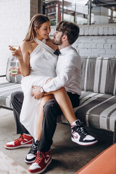 Sneakers Wedding Reception, Prenup Jordan Shoes, Wedding Jordans Sneakers Groom, Wedding Air Jordans, Engagement Photos With Sneakers, Nike Engagement Photos, Wedding Jordans Sneakers, Tux With Sneakers, Wedding Dress With Sneakers Brides