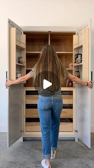 Woodshop Diaries | Shara on Instagram: "Extra storage in the kitchen is always a great idea. I’m excited to be sharing new plans and full build video for this large pantry cabinet that can be used as a stand alone or as part of a built in 🙌 
This has been on my to build list for years and I’m so glad it finally came to life. Comment PLANS for a link to the build plans! #kitchenstorage #kitchenpantry #pantrydesign #diywoodworking #diyfurniture" Kitchen Pantry Cabinets Built Ins, Large Pantry Cabinet, Stand Alone Kitchen Pantry, Diy Pantry Cabinet, Freestanding Kitchen Storage, Pantry Cabinet Ideas, Woodshop Diaries, Tall Kitchen Cabinets, Built In Pantry