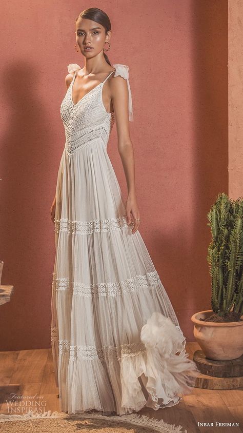 Weddinginspirasi.com featuring - inbar freiman 2020 bridal sleeveless spaghetti strap v neck heavily embellished bodice romantic bohemian soft a line wedding dress backless v back sweep train (9) mv -- Inbar Freiman 2020 Wedding Dresses #wedding #weddings #bridal #weddingdress #weddingdresses #bride #fashion #collection:WildFeather #label:InbarFreiman #week:392019 #year:2020 ~ Bohemian Formal Dress, Desert Motifs, Inbar Freiman, Wedding Dress Backless, Boho Gown, Chic Wedding Dresses, Wedding Inspirasi, Bride Fashion, V Neck Wedding Dress