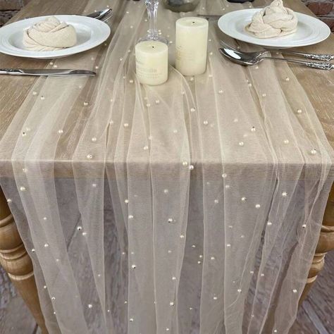 Elegant Polyester Table Runner With Faux Pearl Accents - Woven Solid Color Rectangular Table Cover For Wedding Arch, Reception Decoration, And Christmas Holiday - Long White Sheer Tablecloth With Pearl Decor | SHEIN USA White Dessert Tables, Extra Long Table Runners, Bridal Shower Desserts Table, Table Runner For Wedding, Romantic Bridal Shower, Bridal Shower Desserts, Reception Bride, Tafel Decor, Long Table Runner