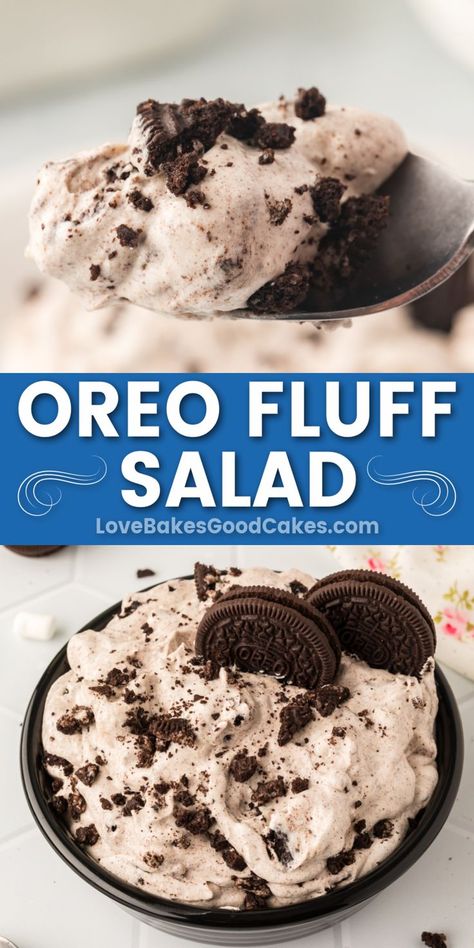 Oreo Fluff Salad pin collage Oreo Fluff Salad, Easy Oreo Fluff, Oreo Salad, Oreo Fluff Dessert, Cookie Salad, Cupcakes Oreo, Fluff Salad Recipes, Oreo Fluff, Oreo Desserts