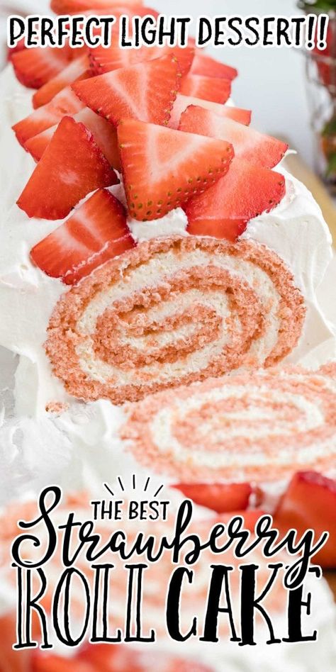 The strawberry roll cake boasts a moist strawberry-flavored cake encasing a velvety cream cheese and brown sugar filling, topped with a light whipped cream and luscious strawberries. Strawberry Cake Roll, Strawberry Roll, Cream Cheese Whipped Cream, Roll Cake Recipe, Jelly Roll Cake, Strawberry Roll Cake, Strawberry Shortcake Cheesecake, Swiss Roll Cake, Cream Cheese Rolls