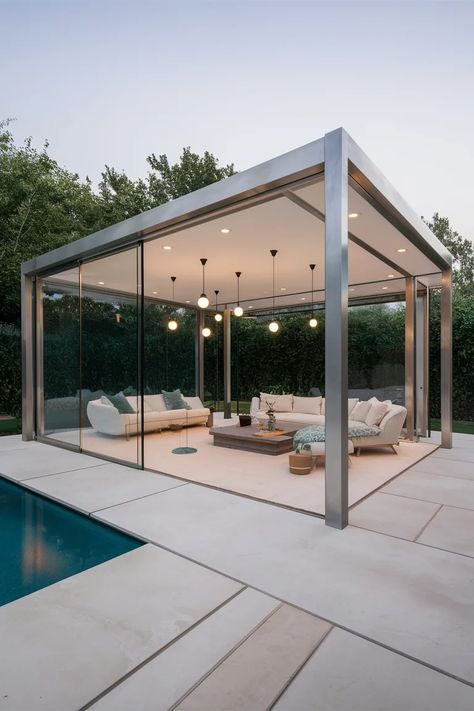 85 Outdoor Gazebo Ideas to Elevate Your Backyard 43 Cabana Ideas Backyard, Outdoor Gazebo Ideas, Backyard Cabana, Gazebo Bar, Modern Pool House, Modern Gazebo, Gazebo Ideas, Modern Outdoor Living, Glass Pavilion