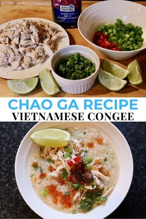 Learn how to make the best traditional Chao Ga. Our quick and easy Vietnamese Rice Porridge is the ultimate comfort food breakfast bowl recipe. Similar to congee, Vietnamese Chao Ga is enjoyed as a morning meal. The simple and healthy dish features rice cooked in chicken broth. Chao Ga is garnished with flavourful toppings such as lime wedge, fresh herbs, garlic chips, shredded chicken and sweet chili sauce. Rice Porridge Breakfast, Congee Recipe Breakfast, Rice Porridge Recipe, Chao Ga, Vietnamese Breakfast, Porridge Breakfast, Healthy Rice Recipes, Costco Chicken, Vietnamese Rice