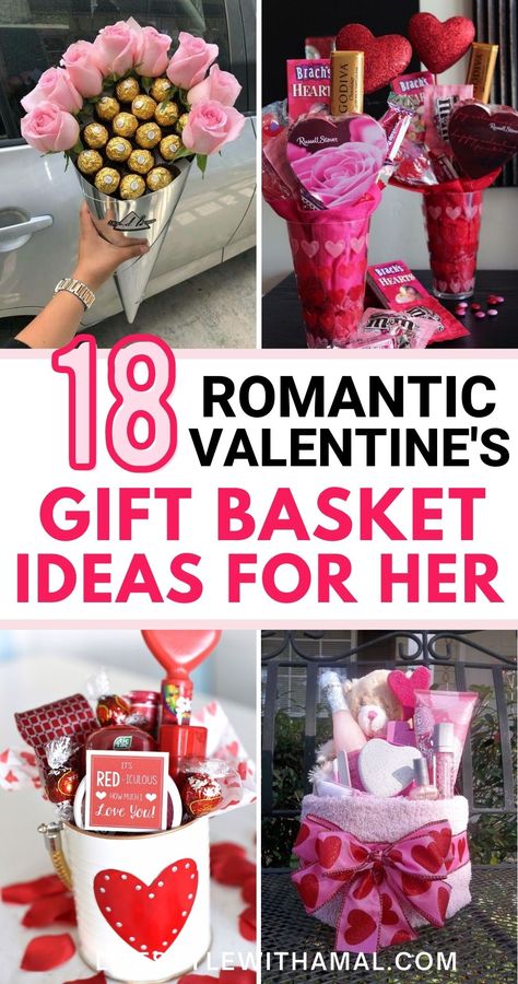 Looking for some cute DIY Valentine's Day Gift Baskets for her? Here are 18 of the sweetest homemade baskets you can 100% she will actually swoon over! If you to impress her this Valentine's Day and show her just how much you care, click on the in to get all the inspiration you need to make your own Valentine's Day gift baskets! These gift baskets are super thoughtful and easy to create so you can easily make these for friends, coworkers and family! Diy Valentine's Gift Baskets, Valentines Baskets For Him, Diy Gift Basket Ideas, Diy Gift Basket, Homemade Valentines Gift, Friend Valentine Gifts, Valentines Day Baskets, Valentine Gift Baskets, Valentine Baskets