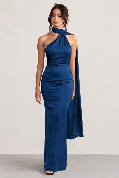 Make the most of every occasion in our beautiful Mademoiselle maxi dress. With a feminine asymmetric scarf neck that elegantly falls down the super feminine cowl back detail, this dazzling rust satin design is pure sophistication. You will look stunning in this gorgeous navy gown at your next VIP party, black-tie or gala event. Features- Asymmetric scarf neck- Backless design- Cowl back detail- Premium satin fabricSizing & FitModel is 5’6 and wears UK size 8 / US size 4Product InformationDesigne Dramatic Wedding Guest Dress, Navy Dress Formal Classy, Navy Gala Dress, Navy Ball Dress, Scarf Neck Dress, Dress With Scarf Around Neck, Satin Navy Blue Bridesmaid Dresses, Aussie Formal Dresses, Navy Blue Outfit Ideas Classy