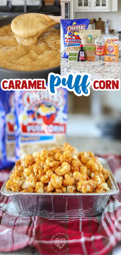 Caramel Cheese Puffs, Cheeto Puff Carmel Corn, Caramel Popcorn Puffs, Caramel Corn With Puff Corn, Corn Puffs Caramel Corn, Christmas Puffcorn Recipes, Puffed Carmel Popcorn, Puff Carmel Popcorn, Butter Puff Carmel Corn