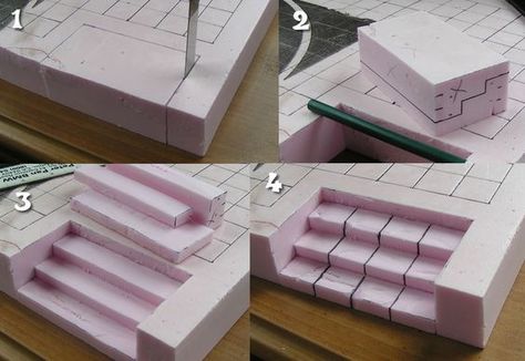 Foam display build - Stairs cutout http://mordheim.ashtonsanders.com/ Dnd Diy, Foam Carving, Dnd Crafts, Lemax Christmas Village, Lemax Christmas, Christmas Village Display, Village Display, Halloween Village, Mask Pattern