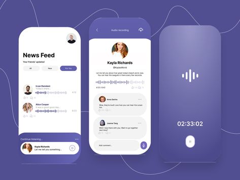 UI Design for a voice-based social network #ui #design #uidesign #designer #socialnetwork #voice Social App Design, Voice App, Ux Inspiration, Mobile Interface, Web Ui Design, App Interface, App Ui Design, Messaging App, Interaction Design