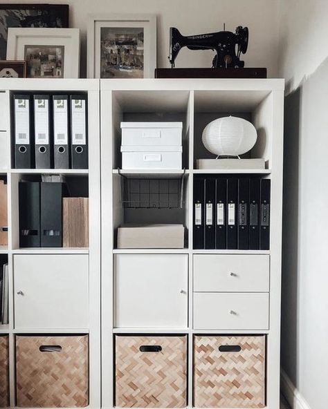 Office Storage Ideas Ikea, Kallax Styling Office, Ikea Hacks Office Ideas, Kallax Ikea Office, Craft Room Small Space Ideas, Kallax Office Ideas, Kallax Home Office, Kallax Office, Kallax Styling