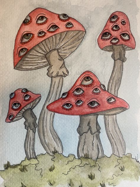 Mushroom Drawing Fantasy Fairy Art, Mushroom With Eyes Painting, Eyes On Mushrooms, Creepy Mushroom Painting, Weird Mushroom Art, Grunge Mushroom Drawing, Mushroom Eyes Drawing, Giant Mushroom Drawing, Trippy Heart Drawing