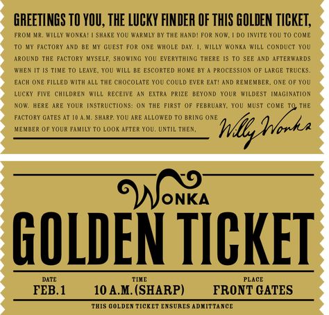 Willy+Wonka+Golden+Ticket+Printable Golden Ticket Template, Chocolate Factory Party, Charlie Chocolate Factory, Wonka Chocolate Factory, Willy Wonka Party, Wonka Chocolate, Golden Ticket, Ticket Template, Golden Birthday