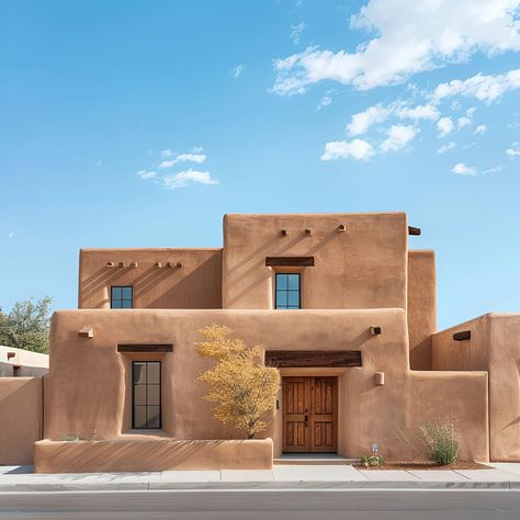 Discover the timeless beauty of this stunning pueblo-style adobe home. Featuring smooth, earth-toned walls and rustic wooden accents, the house exudes a warm and inviting atmosphere. The simple yet elegant design, set against a clear blue sky, captures the essence of Southwestern living. The minimalist architecture and natural materials create a serene and picturesque retreat, offering a peaceful and authentic desert living experience. Desert Home Exterior, Pueblo Style House, Desert Villa, Southwestern Homes, Sustainable Architecture House, Southwest House, Hillside Villas, Building Types, Adobe Home