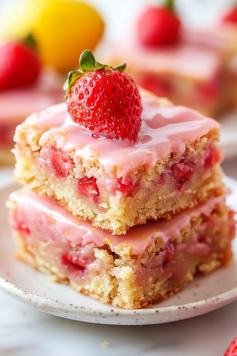 Strawberry Lemon Blondies Strawberry Lemon Blondies, Lemon Blondies, Strawberry Lemon, Strawberry Puree, Delish Recipes, Homemade Treats, Dessert Drinks, Afternoon Snacks, Fruit Flavored