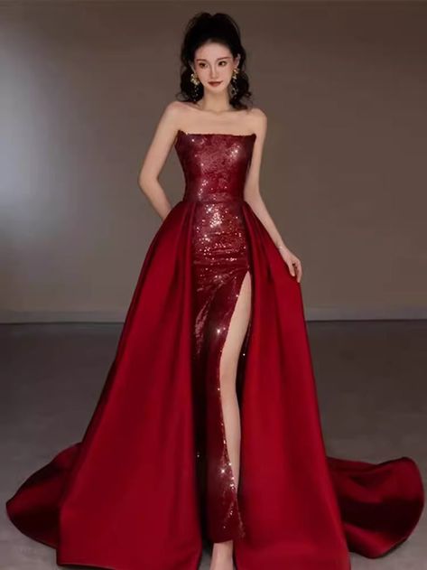 Strapless Dress Prom, Chinese Prom Dress, Red Long Prom Dress, Dress Red Long, Pretty Red Dress, Party Dress Red, Prom Dresses Red, Sleeveless Party Dress, Preppy Dresses