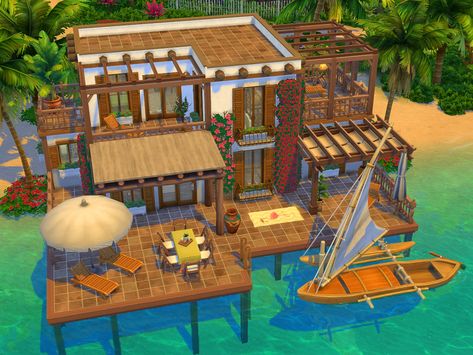 The Sims Resource - Beach House - no CC Sims 4 Sulani Beach House, Sulani Beach House, Sims 4 Island Living House, Sulani Homes Sims 4, Sims House Ideas, Sims 4 Sulani, Sims 4 Beach House, Sims 4 Lots, Beach House Layout