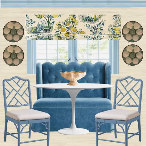 Grandmillenial Breakfast Nook, Rectangle Breakfast Nook, Citrus Garden Schumacher, Scalloped Banquette, Tulip Table Breakfast Nook, Blue Breakfast Nook, Breakfast Room Decor, Tulip Table And Chairs, Banquette Kitchen