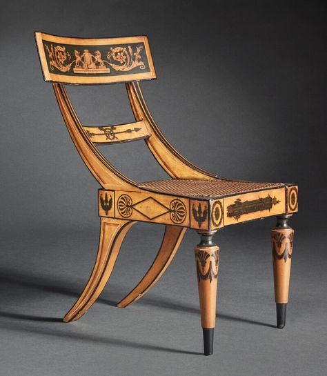 The Important Abell Family Classical Fancy Yellow, Green and Gold Paint-Decorated Klismos Side Chair, Attributed to John Finlay (1777-1851) and/or Hugh Finlay (1781-1831), Baltimore, Maryland, Circa 1810-1815 Estimate: 150,000 - 250,000 USD Lot sold: 478,800 USD Egypt Furniture, Greek Furniture, French Empire Furniture, Furniture Reference, Roman Chair, Klismos Chair, Fancy Chair, Artistic Furniture, Philadelphia Museums