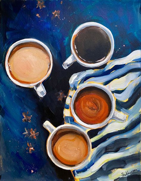 Coffee Cups Painting, Coffee Painting Ideas Easy, Coffee Acrylic Painting, Cafe Painting, Coffee Fall, Coffee Painting, Time Painting, Painting Inspo, Acrylic Painting On Canvas