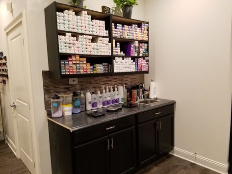 Color bar, color mixing area. Color Bar Ideas, Hair Salon Color Bar, Small Home Salon, Color Bar Salon Ideas Small Spaces, Color Bar Salon Ideas, Salon Color Bar, Barbershop Design Interior, Beauty Shop Decor, Hair Salon Design