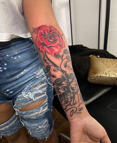 Rose Concrete Tattoo, Leo Fire Tattoo, Baddie Tats Arm Sleeve, Fire Tattoos, Birthday Tattoos, Concrete Rose, Arm Sleeve Tattoos For Women, Tattoos Inspo, Rose Tattoos For Women