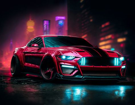 a red ford mustang sports car parked in a city at night, a 3D render , ford mustang, Cyberpunk, Cyberpunk street cars, ford, muscle cars, Vaporwave, synthwave, Japanese Classic cars, futuristic ford mustang, futuristic cars, American cars, retro cars, retrofuturism, classic cars, vintage cars, supercar, racing, horsepower, American muscle cars, Japanese modern car, glowing neon Neon Car Aesthetic, Red Mustang Aesthetic, Gigi Wallpapers, Red Vehicles, Synthwave Aesthetic, Ford Mustang Wallpaper, Neon Car, Red Mustang, Cool Truck Accessories