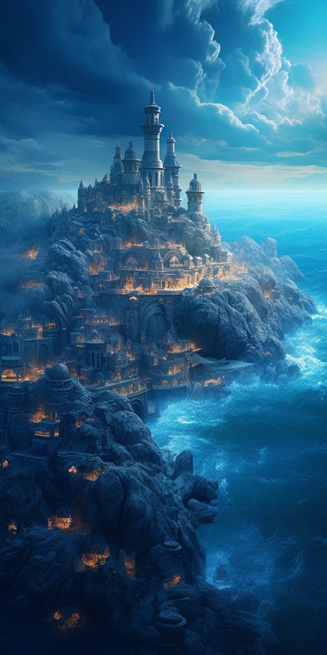 Air Kingdom Fantasy Art, Sea Kingdom Fantasy Art, Kingdom On An Island, Seaside Kingdom Fantasy Art, Water Castle Aesthetic, Beach Kingdom Fantasy Art, Fantasy Ocean Kingdom, Seaside Castle Fantasy Art, Sea Castle Fantasy Art