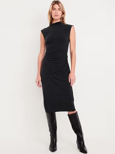 Ruched Midi Dress | Old Navy Fall Back To School, White Coat Ceremony, Edgy Dress, Cotton Jersey Dress, Rehearsal Dress, Dress Appropriately, Tights And Boots, Ribbed Midi Dress, Ruched Midi Dress