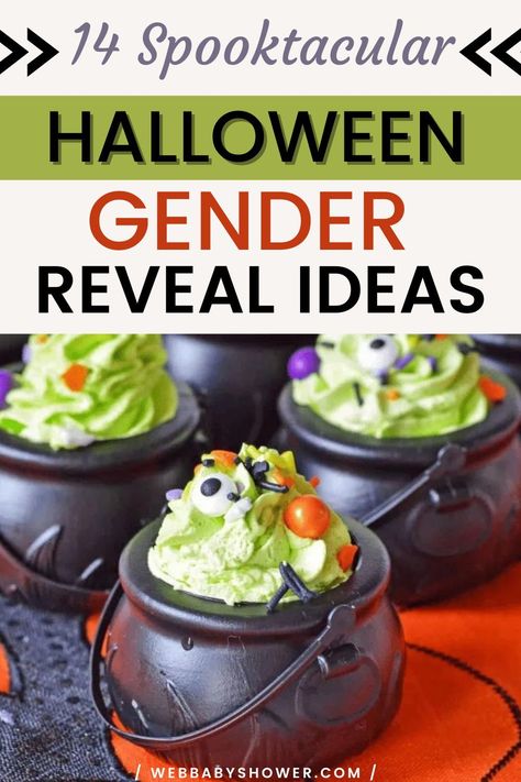 Unveil the mystery of your baby's gender amidst the thrill and chills of the Halloween season! Dive into our cauldron of unique and creative ideas as we bring you 14 Spooktacular Halloween Gender Reveal Ideas. Prepare for a ghoulishly delightful experience showcasing your little one's big debut with a spooktacular twist! #halloweenbabyshower #halloweengenderreveal Halloween Gender Reveal Games, Halloween Gender Reveal Ideas For Party, Halloween Gender Reveal Ideas October, Witchy Gender Reveal Ideas, Baby Brewing Gender Reveal, Cauldron Gender Reveal, Spooky Gender Reveal Ideas, Halloween Baby Gender Reveal, Baby Is Brewing Gender Reveal