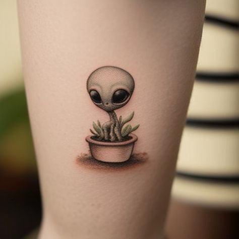 Cool Alien Tattoos, Scary Cute Tattoo, Arte Alien Tattoo, Simple Alien Tattoo Design, Small Alien Tattoo, Tiny Alien Tattoo, Tattoo Alien, Small Cute Alien Tattoos, Alien Skull Tattoo