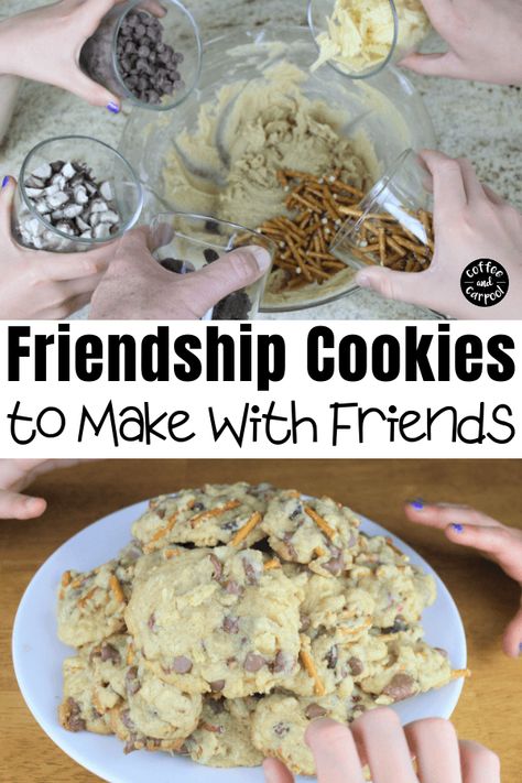 Make friendship cookies with friends bringing special ingredients to the baking party. These fun friendship cookies are easy to make with a group of kids at day care or summer camps. Also a great family activity and fun way to encourage kids to make cookies to pass out to friends or families.  #cookierecipe #kidsbaking #bakingforkids #friendshipactivities #friendsihpcookies #coffeeandcarpool Friendship Cookies Recipe, Friendship Recipe For Kids, Friendship Snacks, Bake With Friends, Friendship Cookies, Friendship Salad, Cookies To Bake, Recipes To Bake, Ruffles Potato Chips