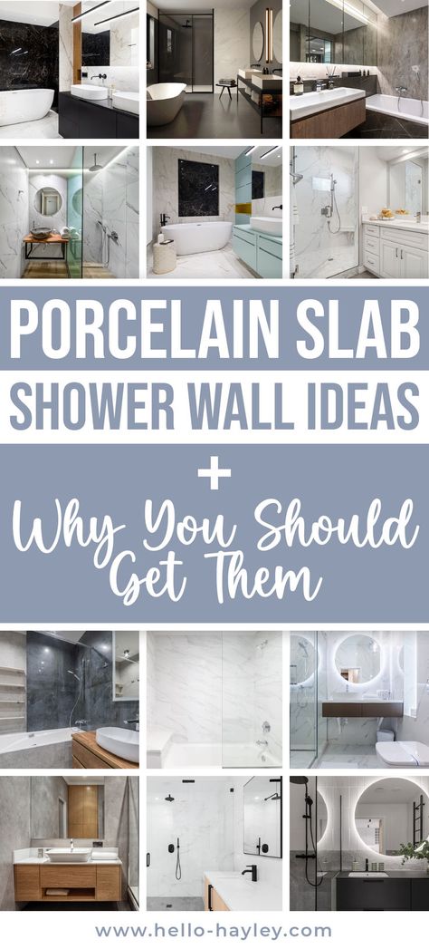 Porcelain Slab Shower Wall Ideas + Why You Should Get Them Large Tiles For Shower Walls, Stone Slab Shower Walls, Bathroom Ceramic Tile Ideas Shower Walls, Bathroom Shower Wall Panels, Swanstone Shower Walls, Porcelain Shower Wall Panels, Grout Free Shower Walls, Porcelain Slab Bathroom, Shower Walls Ideas