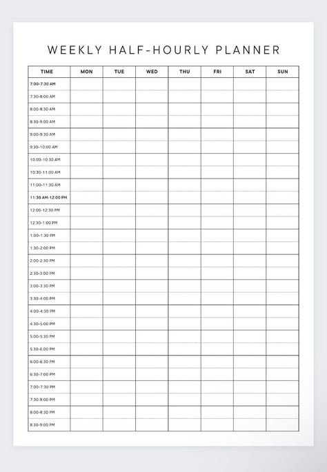 Weekly Half-Hourly Planner - Printable Schedule, Hourly Planner, Timesheet, Time Blocking, Work From Home, Time Log, Timetable Planner

This printable weekly planner is perfect for staying organized and productive. Use it to track your time, set goals, and stay on top of your tasks. The half-hourly format is perfect for those who need to plan their day in detail. The planner is also great for work Revision Timetable Template, Time Blocking Printable, Timetable Planner, Revision Timetable, Study Planner Printable Free, Time Blocking Schedule, Best Weekly Planner, Printable Schedule, Timetable Template