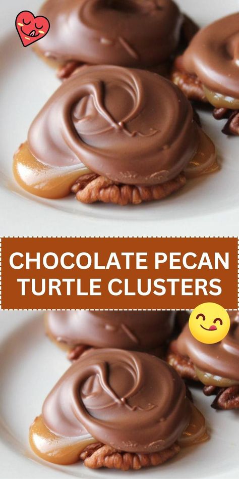 Dive into the sweet and nutty world of Chocolate Pecan Turtle Clusters, where crunchy pecans, gooey caramel, and rich chocolate come together in perfect harmony. These delightful treats are great for gifting or keeping all to yourself for a luxurious indulgence. Easy to make and even easier to love, they're a must-try for any chocolate lover. #ChocolateLovers #PecanTurtles #SweetIndulgence Chocolate Pecan Turtle Clusters, Pecan Turtle Clusters, Pecan Turtles Recipe, Turtle Clusters, Turtle Recipe, Pecan Turtles, Pecan Desserts, Easy Candy Recipes, Chocolate Candy Recipes