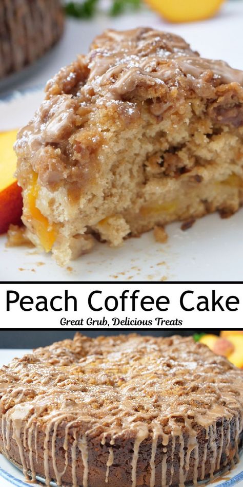 A double collage photo of a slice of peach coffee cake and a whole coffee cake. Peach Coffee Cake, Pecan Streusel Topping, Peach Coffee, Classic Coffee Cake, Oatmeal Toppings, Peach Dessert Recipes, Peach Pie Filling, Sugared Pecans, Sour Cream Cake